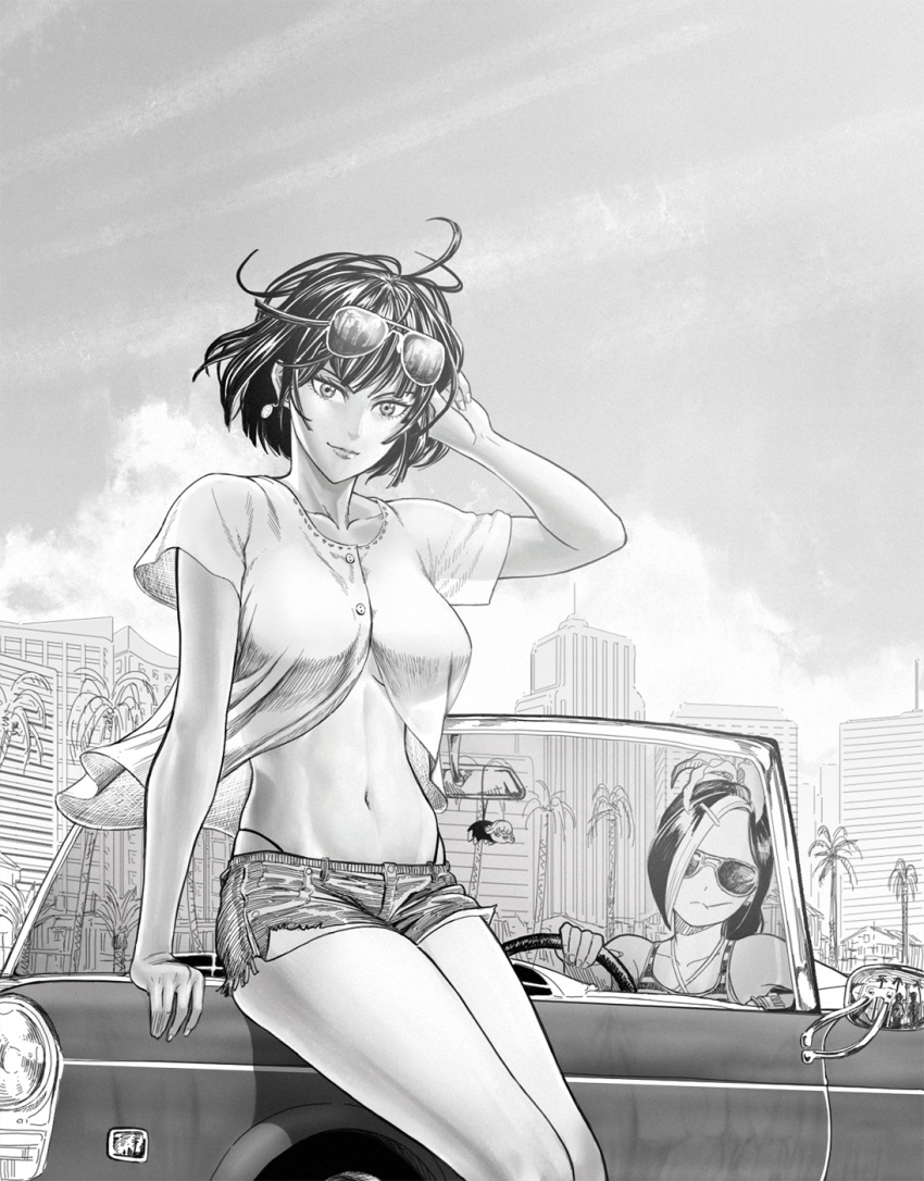 1girl, 2girls, breasts, character_request, closed_mouth, commentary, day, driving