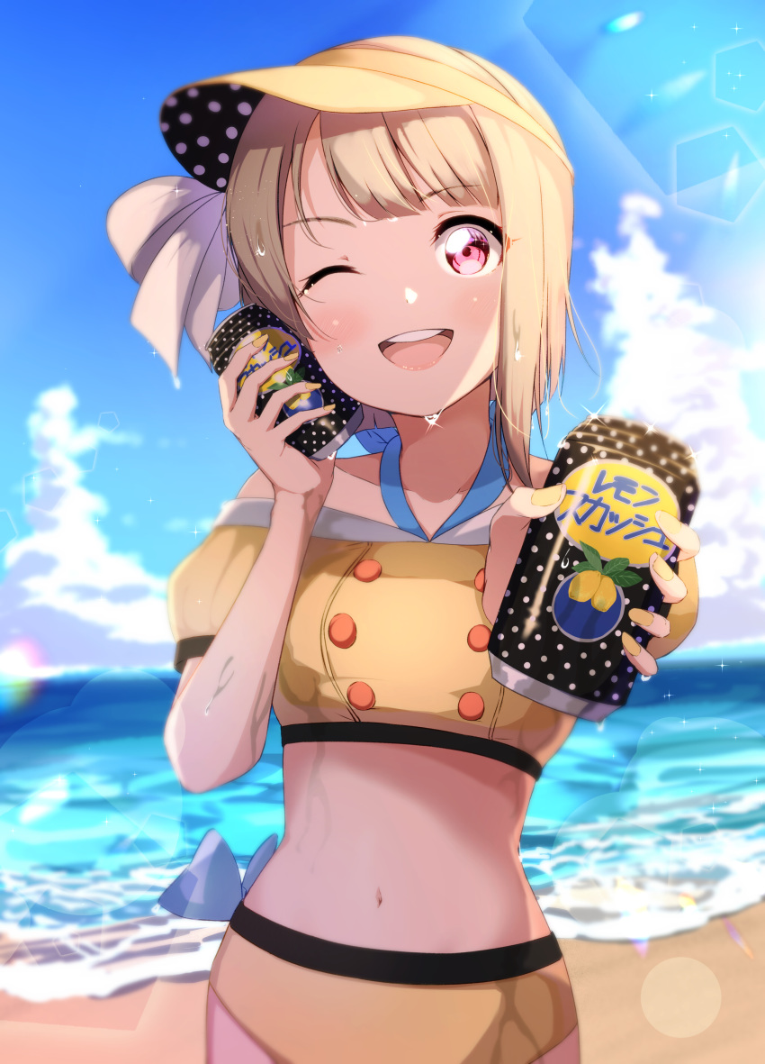 1girl, absurdres, asymmetrical_hair, bangs, beach, bikini, bikini_bottom, blue_sky