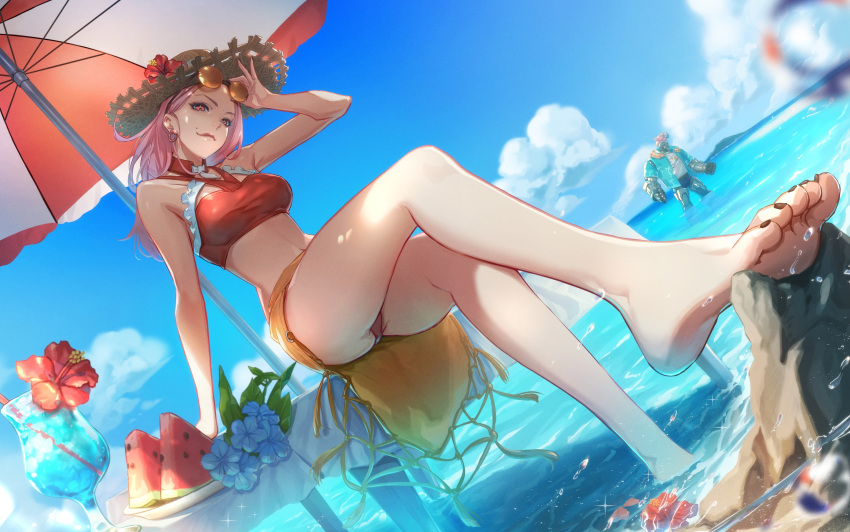1girl, ashe_(overwatch), beach, beach_umbrella, bikini, black_nails, bob_(overwatch), breasts