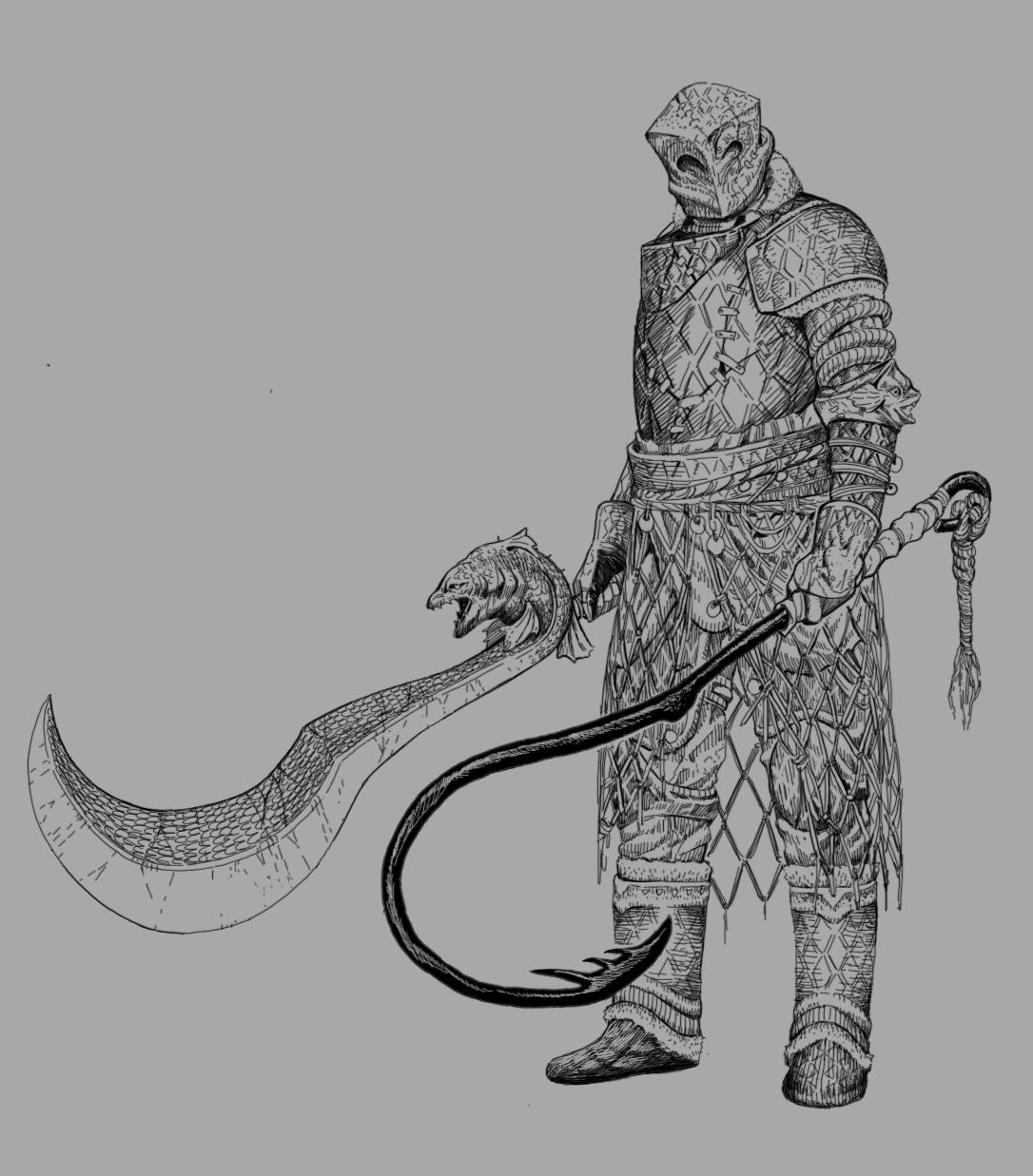 1other, armor, boots, breastplate, dual_wielding, full_armor, full_body, grey_background, greyscale, helmet, highres, holding, holding_sword, holding_weapon, monochrome, original, pauldrons, shoulder_armor, simple_background, solo, standing, sword, weapon, y_naf