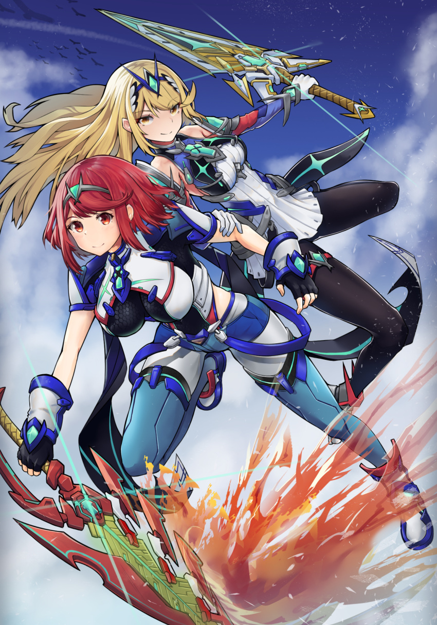 2girls, alternate_color, bangs, black_legwear, blonde_hair, breasts, chest_jewel, dress, highres, large_breasts, long_hair, multiple_girls, mythra_(massive_melee)_(xenoblade), mythra_(xenoblade), nanamilem, pyra_(xenoblade), red_eyes, redhead, short_dress, short_hair, super_smash_bros., swept_bangs, very_long_hair, xenoblade_chronicles_(series), xenoblade_chronicles_2, yellow_eyes