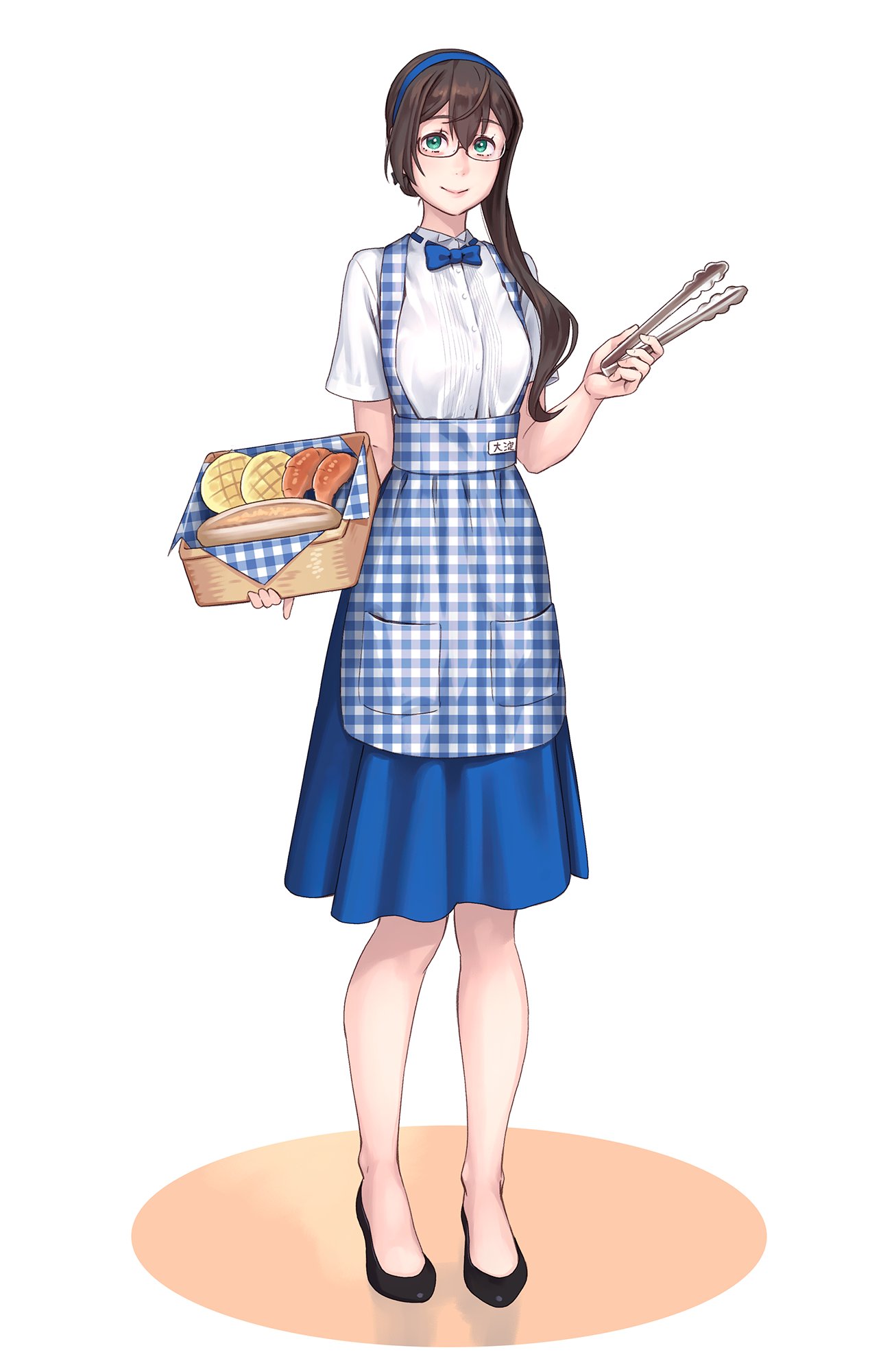 1girl, apron, aqua_eyes, black_hair, blue_apron, blue_hairband, bread, buttons