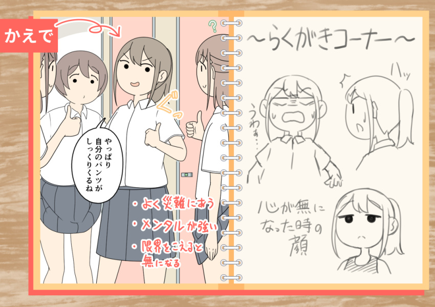 4girls, bangs, bathroom, brown_hair, character_name, character_profile, check_translation, clothes_lift, dress_shirt, grey_skirt, hair_up, juukyuu, kaede_(juukyuu), long_hair, multiple_girls, open_mouth, original, partially_colored, pleated_skirt, ponytail, school_uniform, shirt, short_hair, sidelocks, skirt, skirt_lift, smile, solo_focus, stall, thumbs_up, translation_request, v-shaped_eyebrows, wardrobe_malfunction, white_shirt