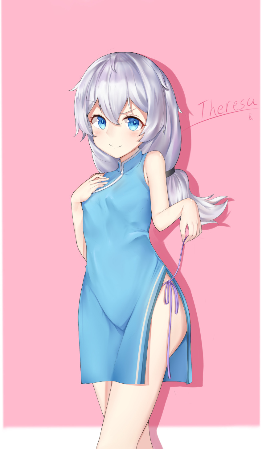 1girl, absurdres, bangs, blue_dress, blue_eyes, border, breasts, china_dress