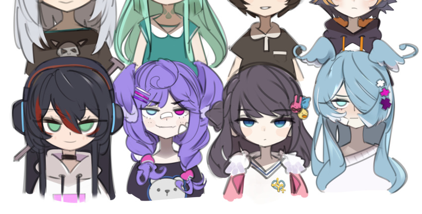 ban_hada, bandaid, bandaid_on_nose, black_hair, blue_eyes, blue_hair, collarbone, elira_pendora