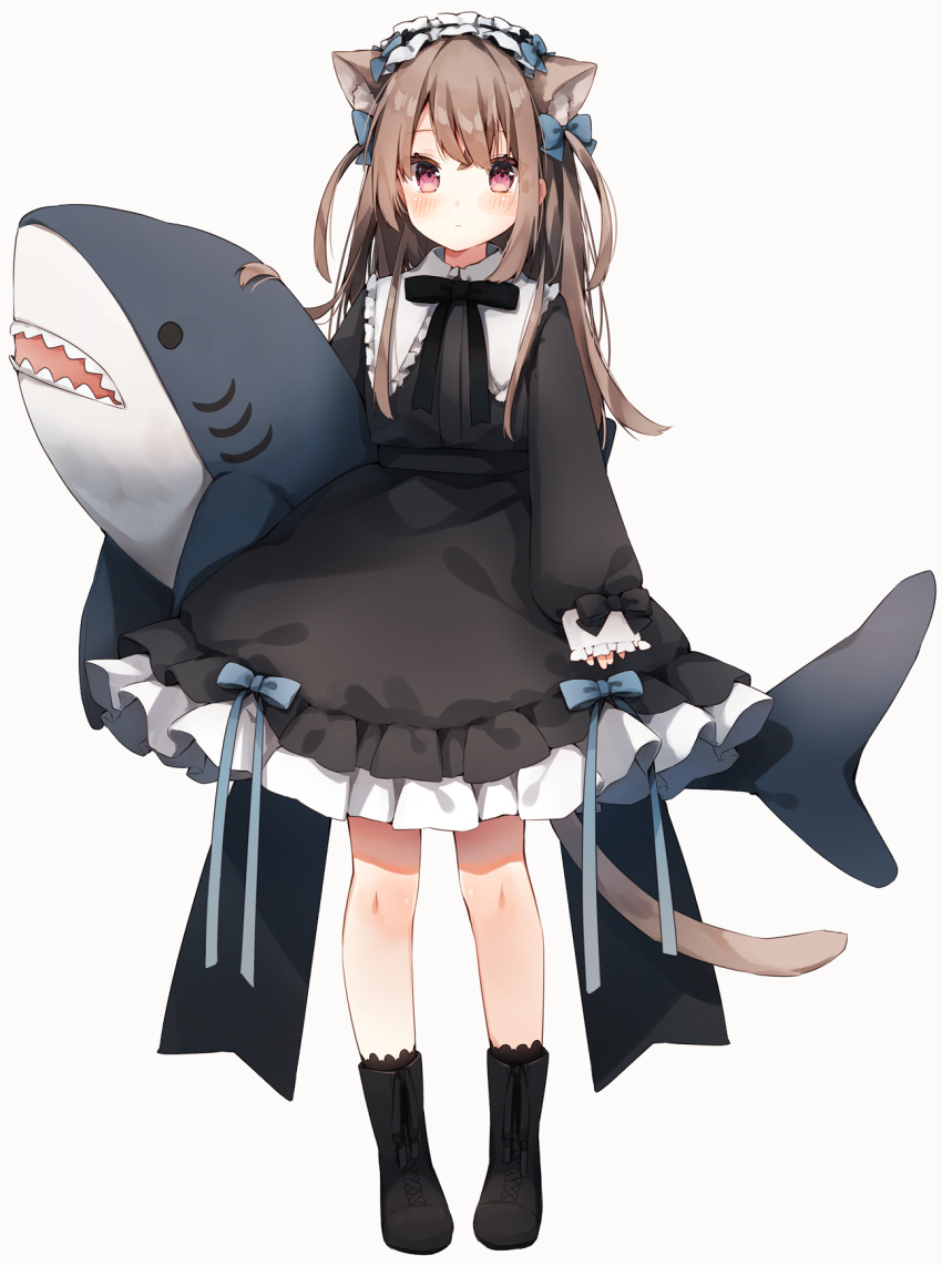 1girl, animal_ear_fluff, animal_ears, arm_at_side, bangs, black_bow, black_dress, black_footwear