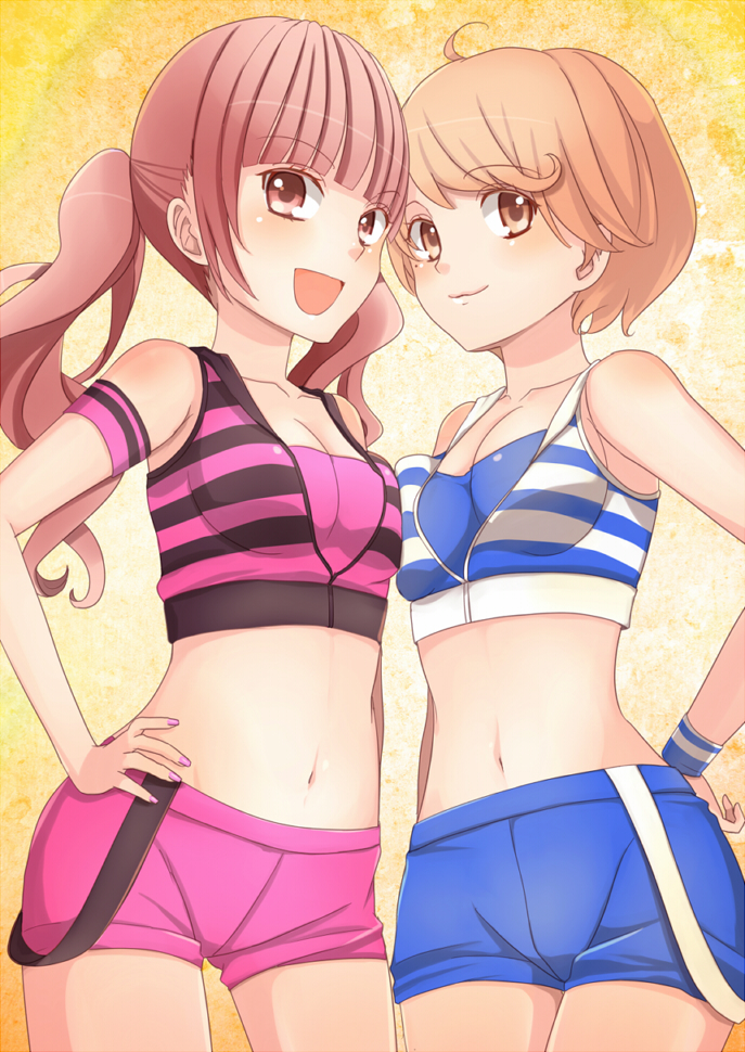 2girls, blue_shorts, breasts, light_brown_eyes, light_brown_hair, long_hair, looking_at_viewer, medium_breasts