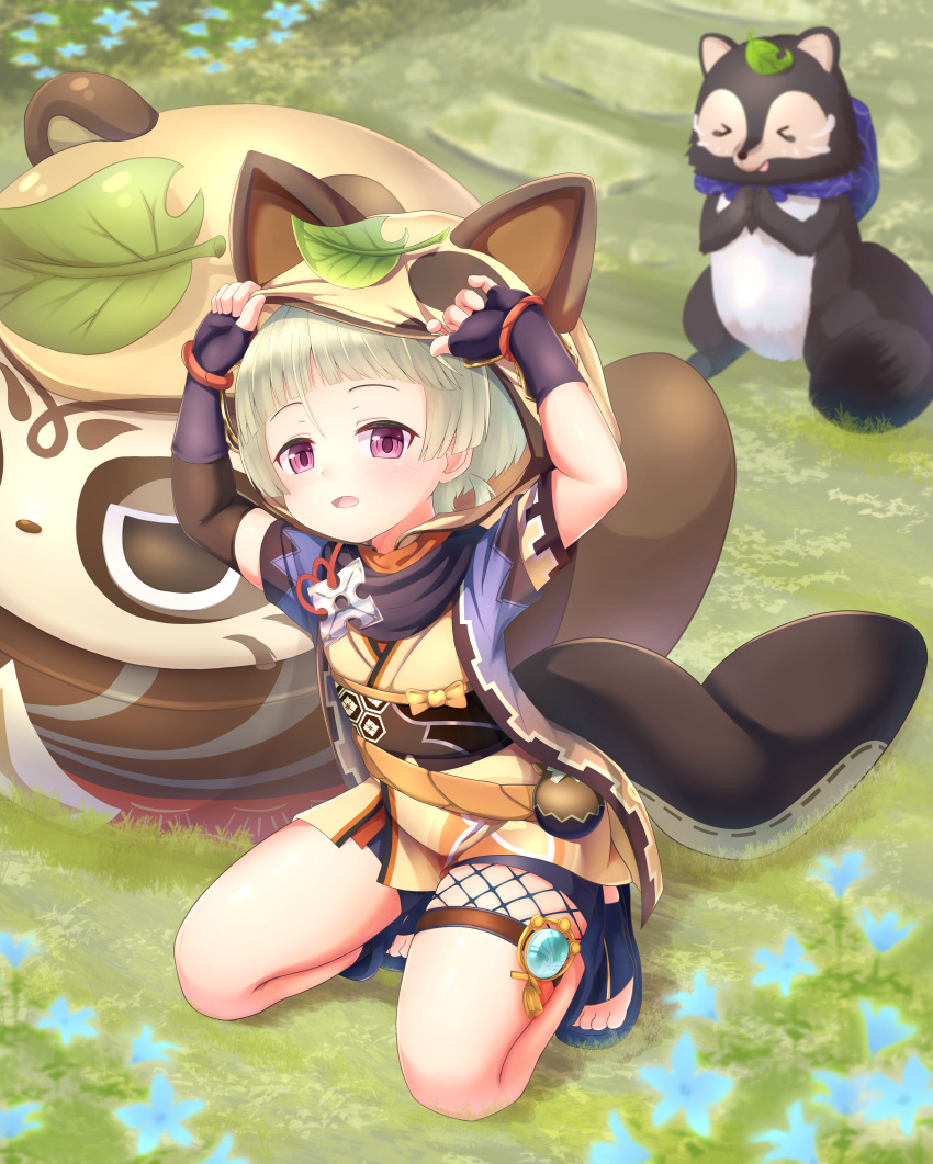 1girl, absurdres, adjusting_hood, animal_ears, animal_hood, arms_up, bake-danuki_{genshin_impact), bangs