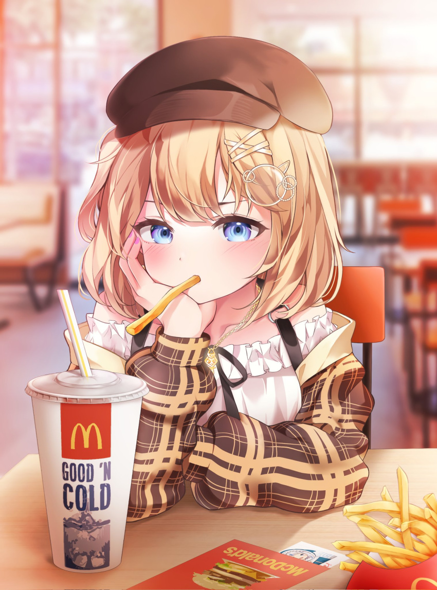 1girl, bangs, blonde_hair, blurry, blurry_background, blush, brown_headwear, cup, disposable_cup, eyebrows_behind_hair, food, food_in_mouth, french_fries, gawr_gura, hair_ornament, hand_on_own_face, highres, hololive, hololive_english, indoors, looking_at_viewer, mcdonald's, meul, monocle_hair_ornament, short_hair, sitting, solo, sticker, watson_amelia