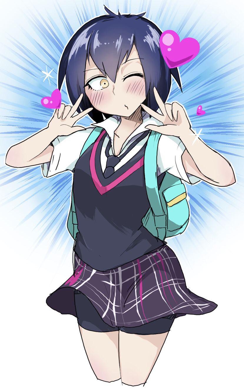 1girl, backpack, bag, bike_shorts, bike_shorts_under_skirt, blush_stickers, collared_shirt, cowboy_shot