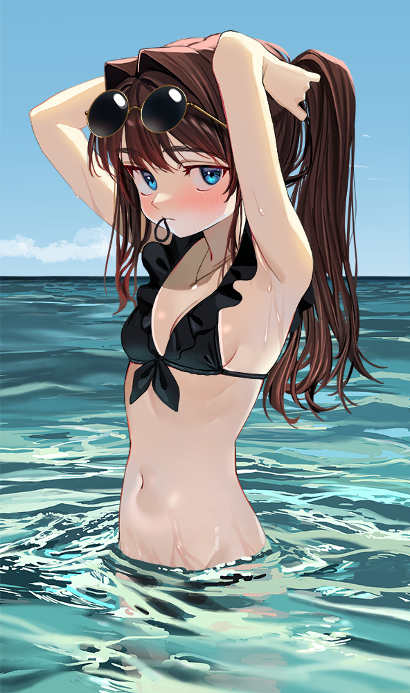 1girl, armpits, arms_behind_head, arms_up, bare_arms, bare_shoulders, bikini, blue_eyes