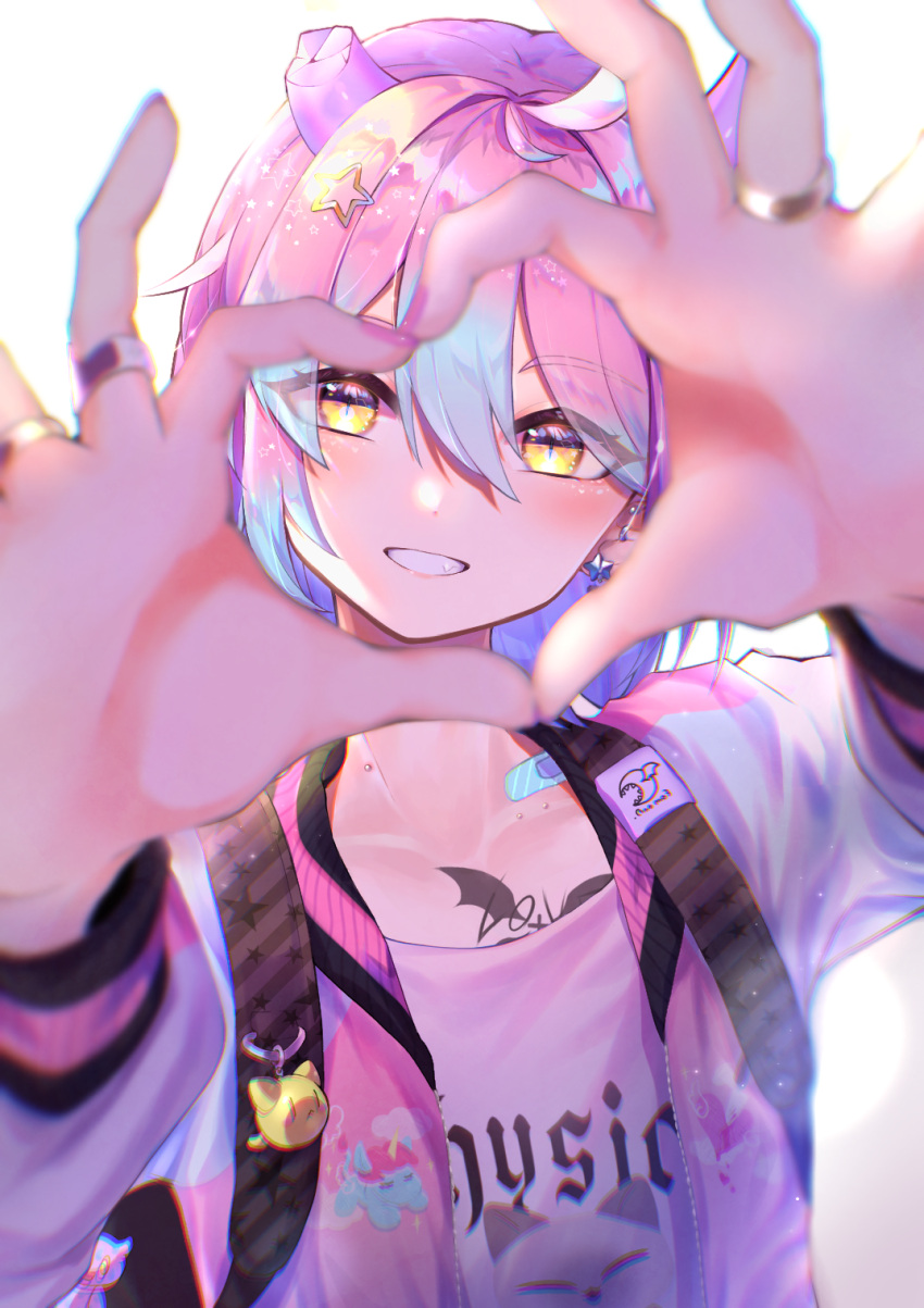 1boy, backpack, bag, bandaid, bangs, bob_cut, broken_horn, cat