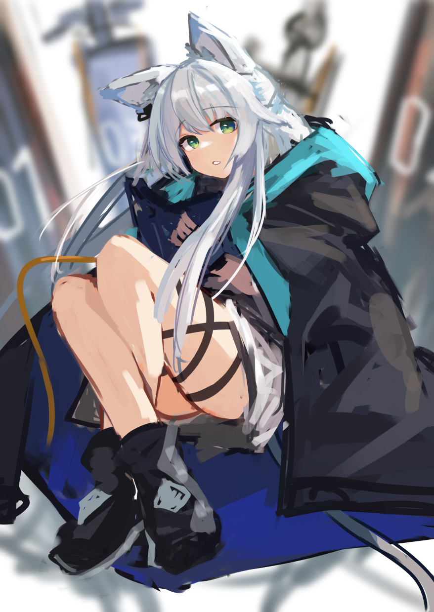 1girl, animal_ears, arknights, bangs, boots, cat_ears, cat_girl, cat_tail, cloak, eyebrows_visible_through_hair, green_eyes, highres, hood, hooded_cloak, izumi_roka, long_hair, parted_lips, rosmontis_(arknights), silver_hair, solo, tail, thigh_strap