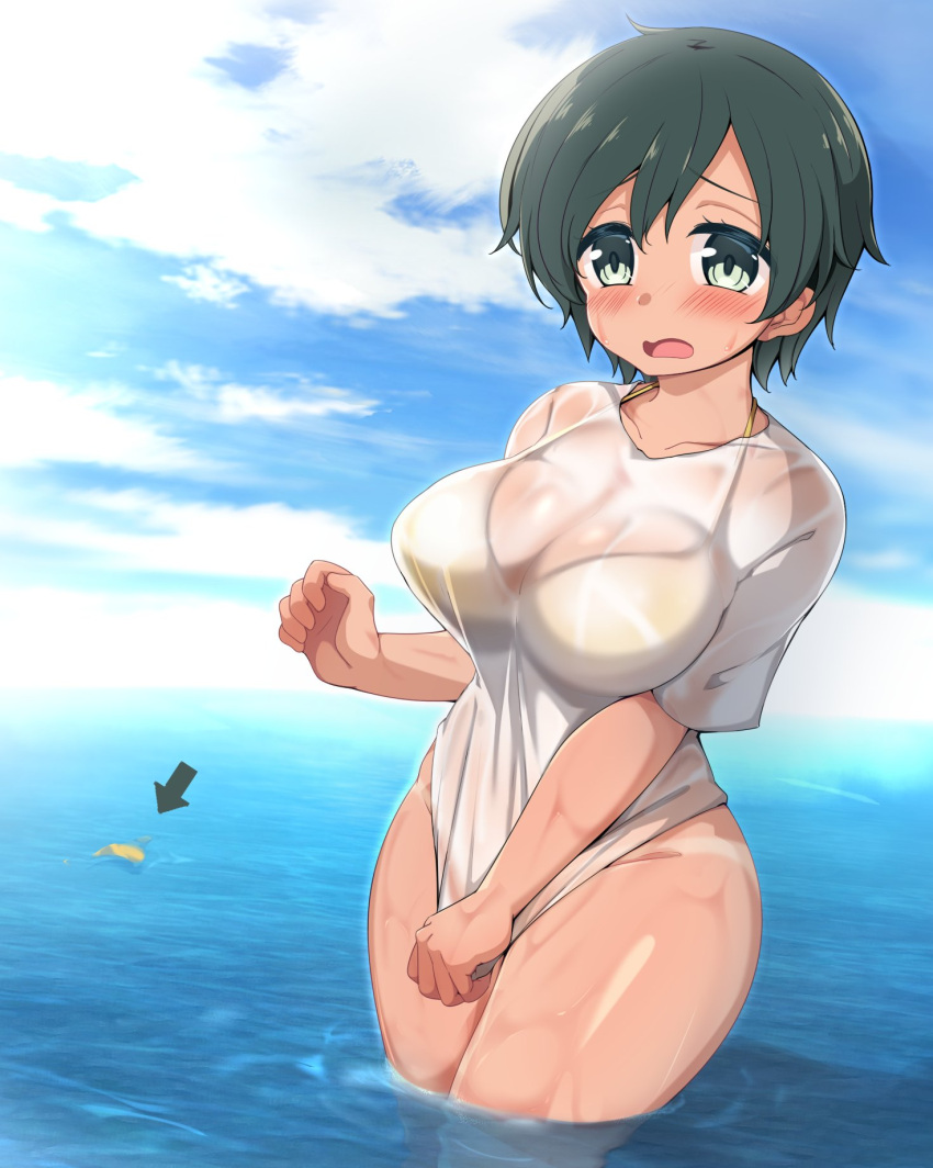 1girl, alternate_breast_size, arrow_(symbol), bikini, bikini_bottom_removed, bikini_under_clothes, black_hair, blue_sky, breasts, clouds, covering, covering_crotch, day, green_eyes, highres, kantai_collection, kurokoshou_(emuburemu123), large_breasts, mogami_(kancolle), ocean, outdoors, shirt, shirt_tug, short_hair, sky, soaking_feet, solo, standing, swimsuit, swimsuit_under_clothes, t-shirt, tan, tanlines, water, white_shirt
