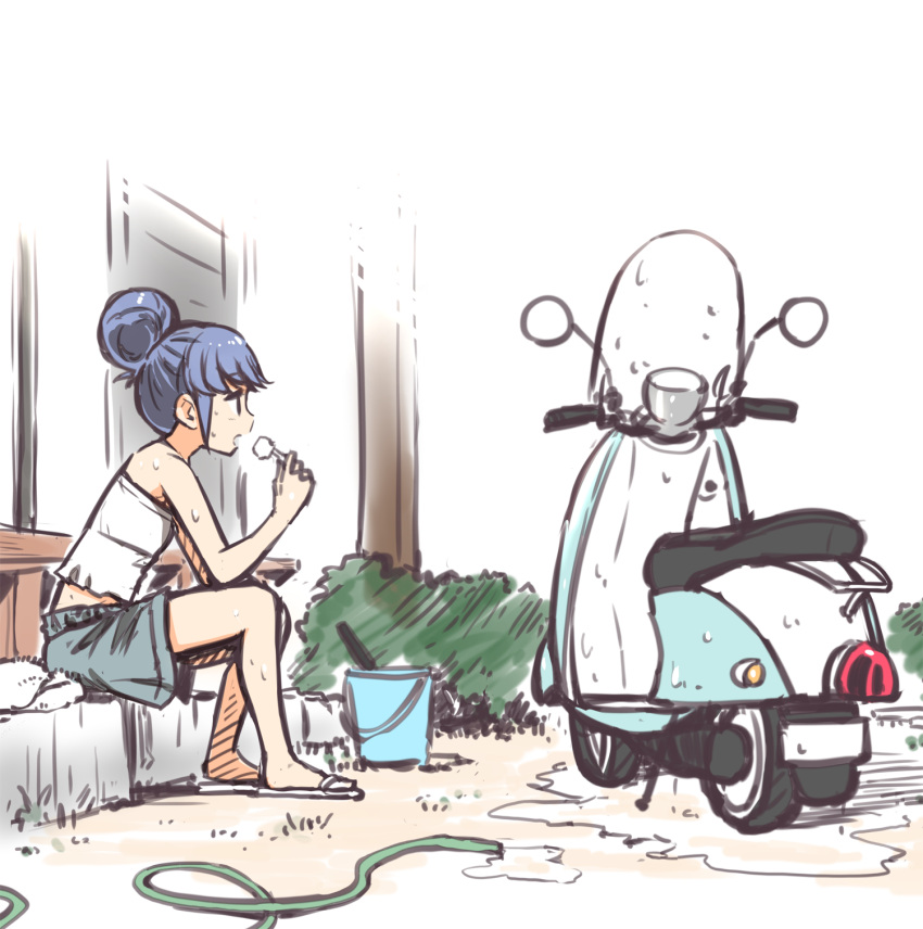 1girl, blue_hair, bucket, flip-flops, ground_vehicle, hair_bun, highres, hose, hot, motor_vehicle, n2midori, outdoors, puddle, sandals, scooter, shima_rin, sitting, solo, sweat, wet, yamaha_vino, yurucamp