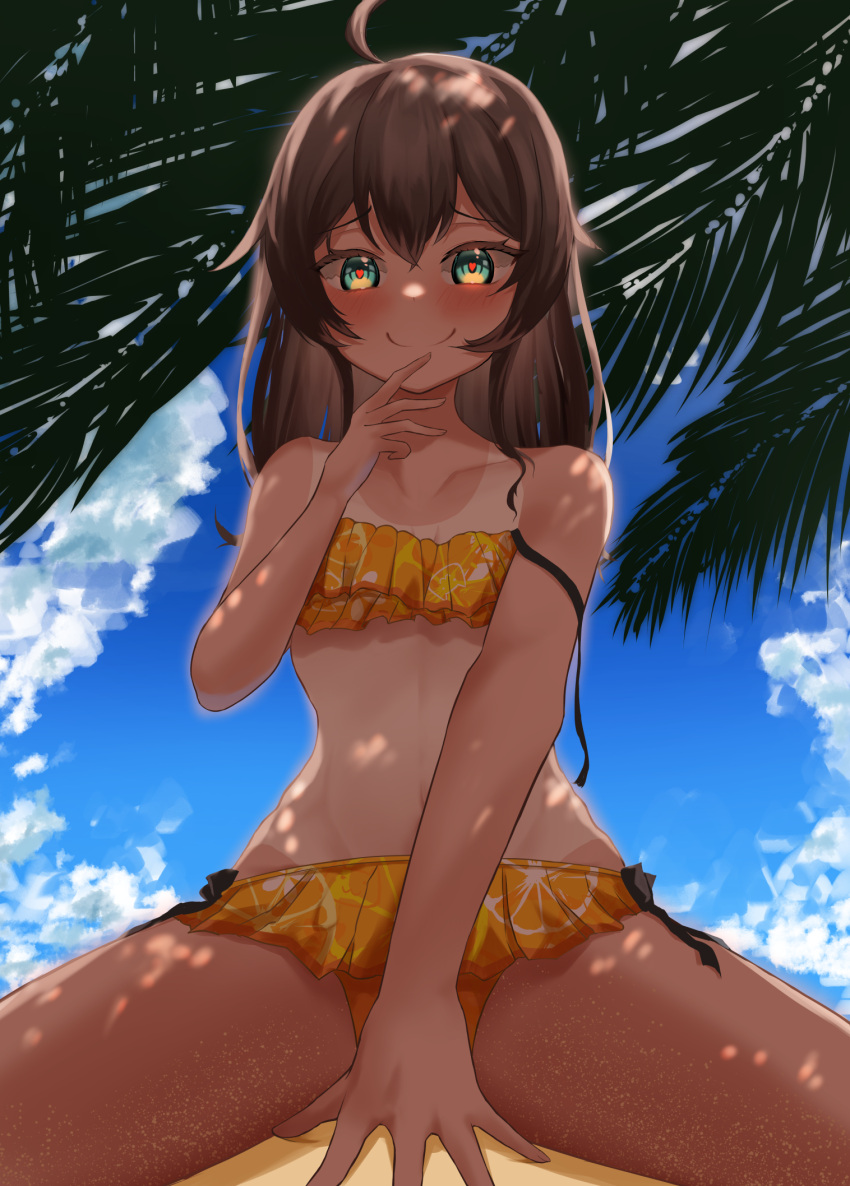 ahoge, alternate_hairstyle, aqua_eyes, bangs, beach, bikini, brown_hair, eyebrows_visible_through_hair