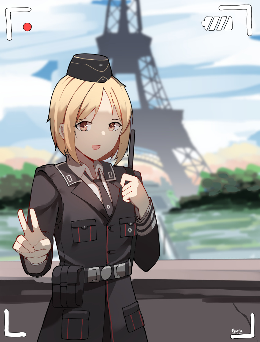 1girl, :d, absurdres, artist_name, black_headwear, black_jacket, black_neckwear, blonde_hair