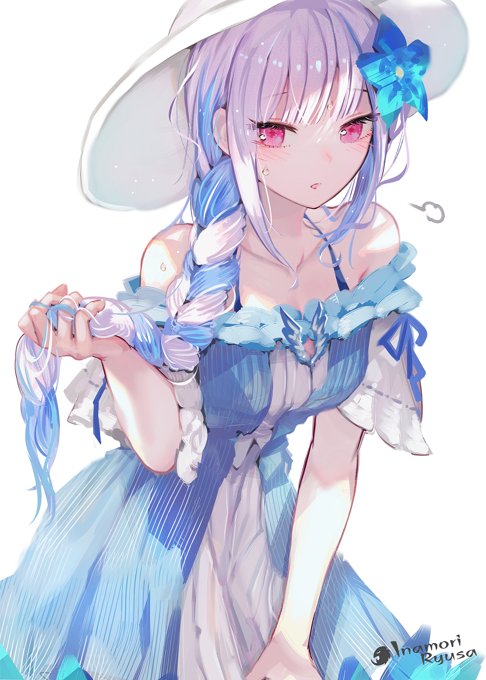 1girl, blue_dress, blue_hair, blush, braid, collarbone, colored_inner_hair, dress