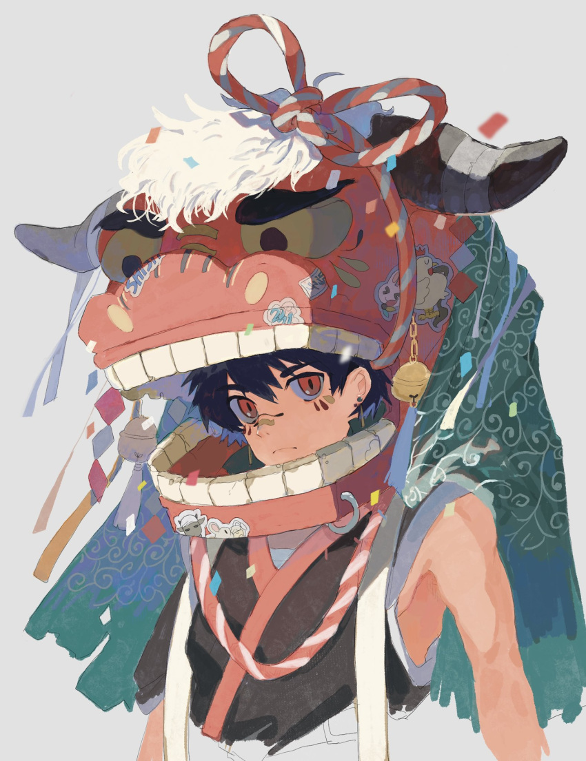 1boy, bandaid, bell, black_hair, chinese_clothes, chinese_zodiac, closed_mouth, costume