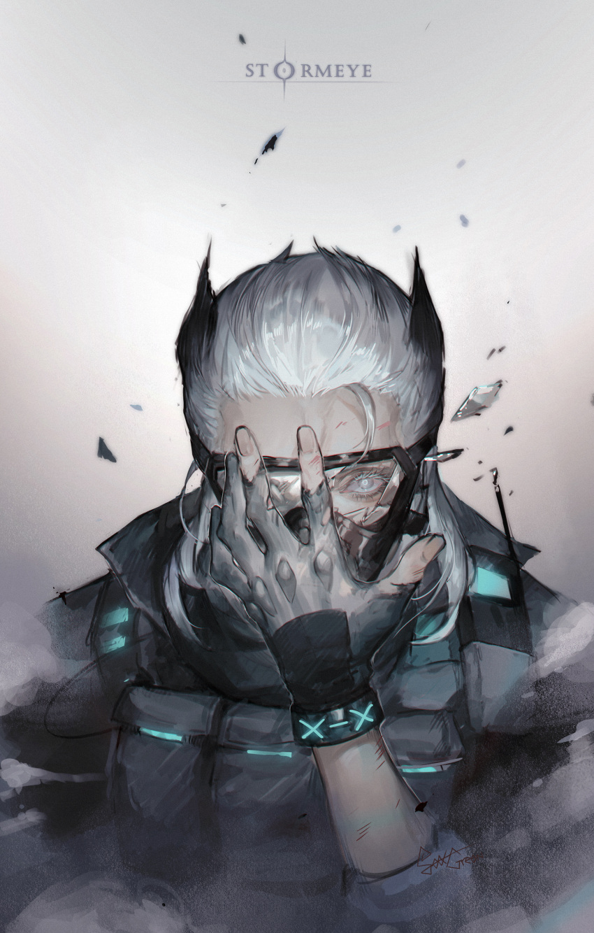 1boy, absurdres, arknights, broken_mask, character_name, chinese_commentary, commentary_request, covering_face