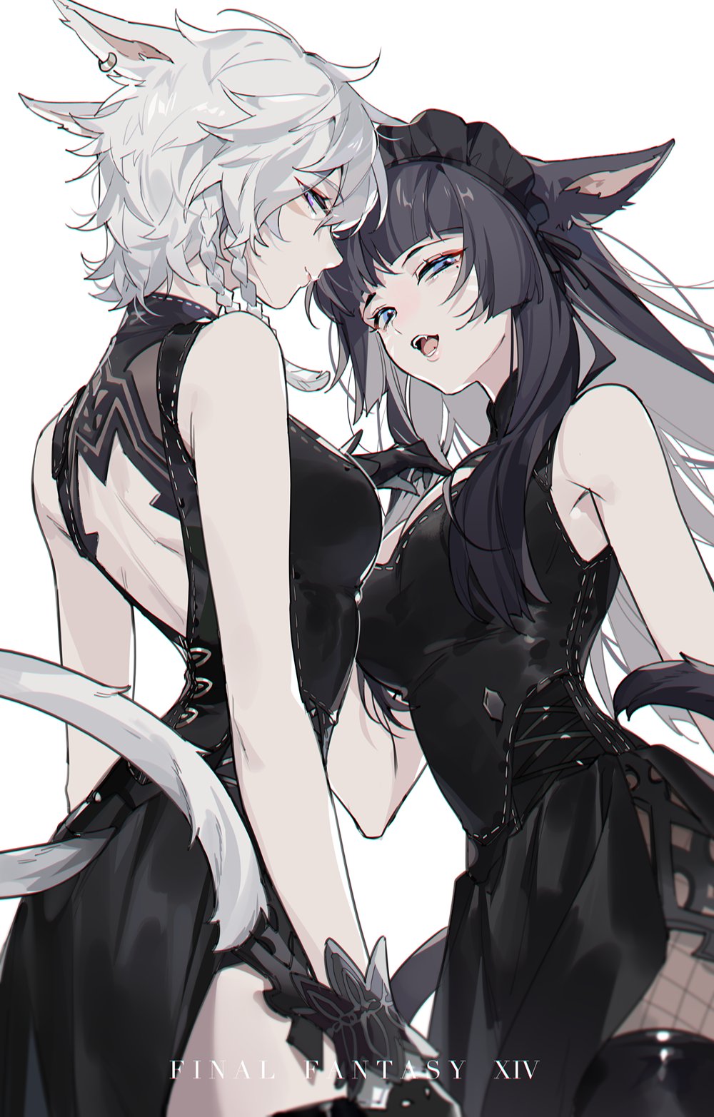 2girls, animal_ears, black_gloves, black_hair, blue_eyes, boots, braid, braided_ponytail, cat_ears, earrings, fang, final_fantasy, final_fantasy_xiv, gloves, grey_eyes, hairband, highres, jewelry, laughing, long_hair, multiple_girls, open_mouth, rabbit_ears, short_hair, simple_background, smile, standing, tail, unagi_(nakaelric), viera, white_background, white_hair