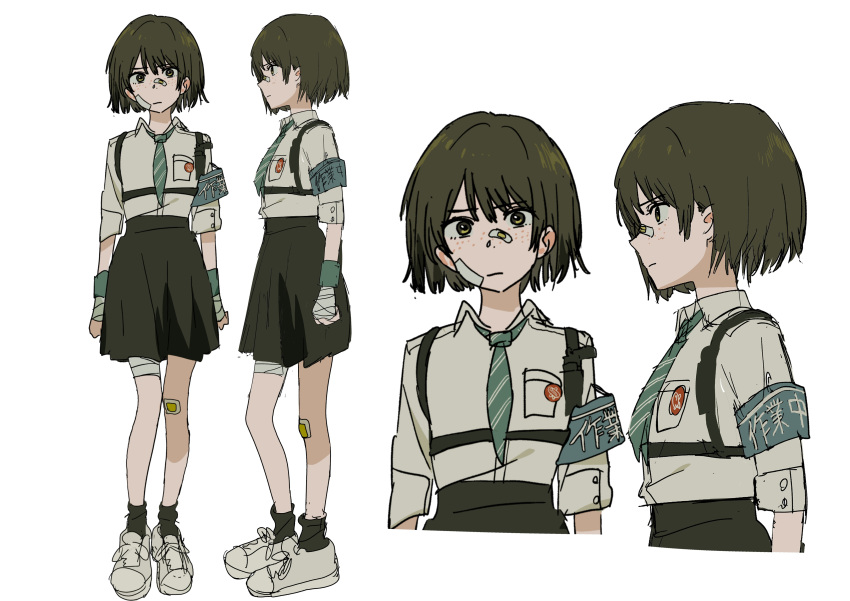 1girl, absurdres, armband, bandage_on_knee, bandaged_leg, bandages, bandaid, bandaid_on_face