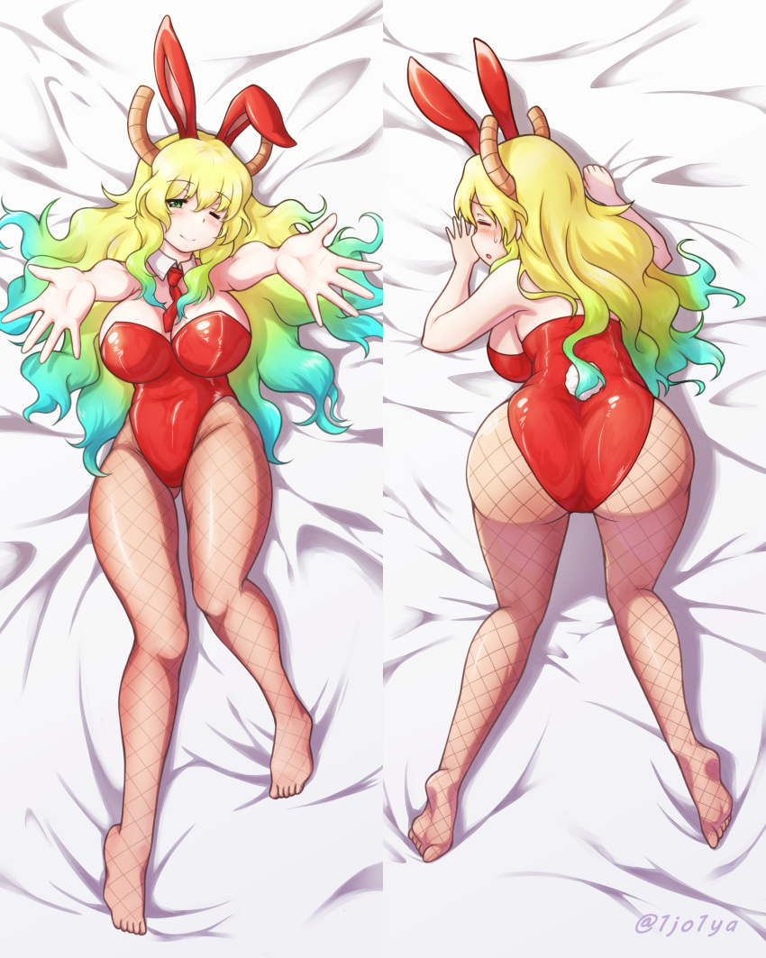 1girl, absurdres, all_fours, animal_ears, baseball_cap, breasts, brown_legwear, cowboy_shot, dakimakura_(medium), detached_collar, dragon_girl, dragon_horns, fake_animal_ears, fishnet_legwear, fishnets, gradient_hair, green_hair, hat, highres, horns, ichijo_kazuya, kobayashi-san_chi_no_maidragon, large_breasts, leotard, long_hair, looking_at_viewer, lucoa_(maidragon), lying, multicolored_hair, multiple_views, necktie, one_eye_closed, pantyhose, playboy_bunny, rabbit_ears, rabbit_tail, red_leotard, red_neckwear, strapless, strapless_leotard, tail, wrist_cuffs, yellow_pupils