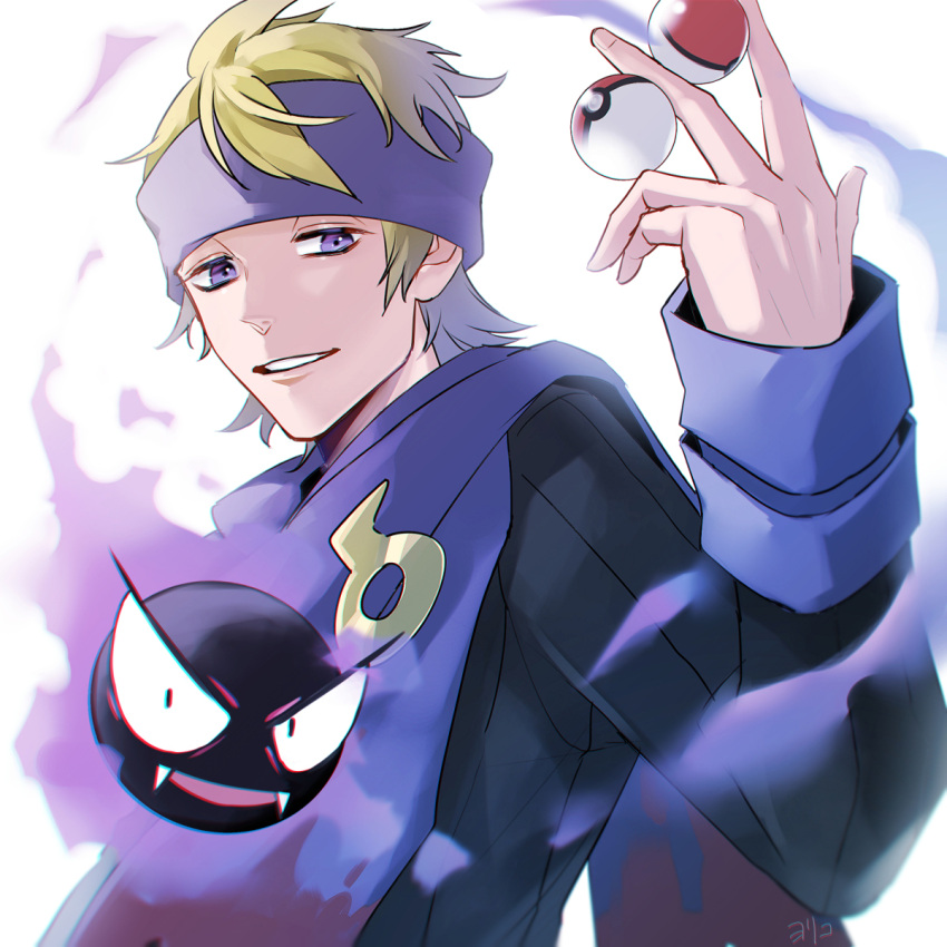 1boy, bangs, black_sweater, blonde_hair, commentary_request, gastly, gen_1_pokemon, gym_leader
