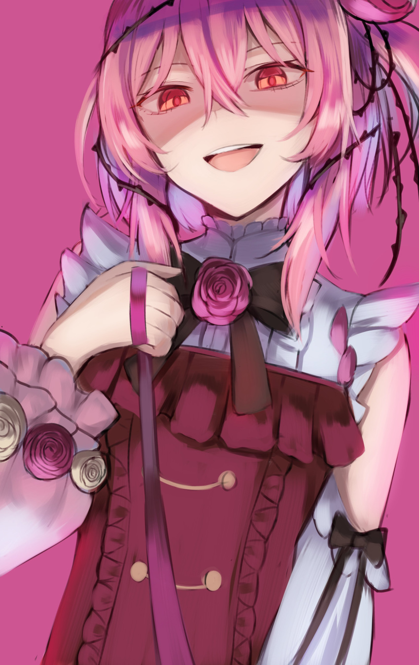 1girl, absurdres, bangs, black_bow, bow, clothing_cutout, dress, eyebrows_visible_through_hair, flower, hair_between_eyes, hair_flower, hair_ornament, highres, holding, holding_leash, leash, nijisanji, nijisanji_en, open_mouth, pink_flower, pink_hair, pink_rose, pov, purple_background, red_dress, rose, rosemi_lovelock, satou_rin_(gobugabuge), shaded_face, shoulder_cutout, smile, solo, virtual_youtuber