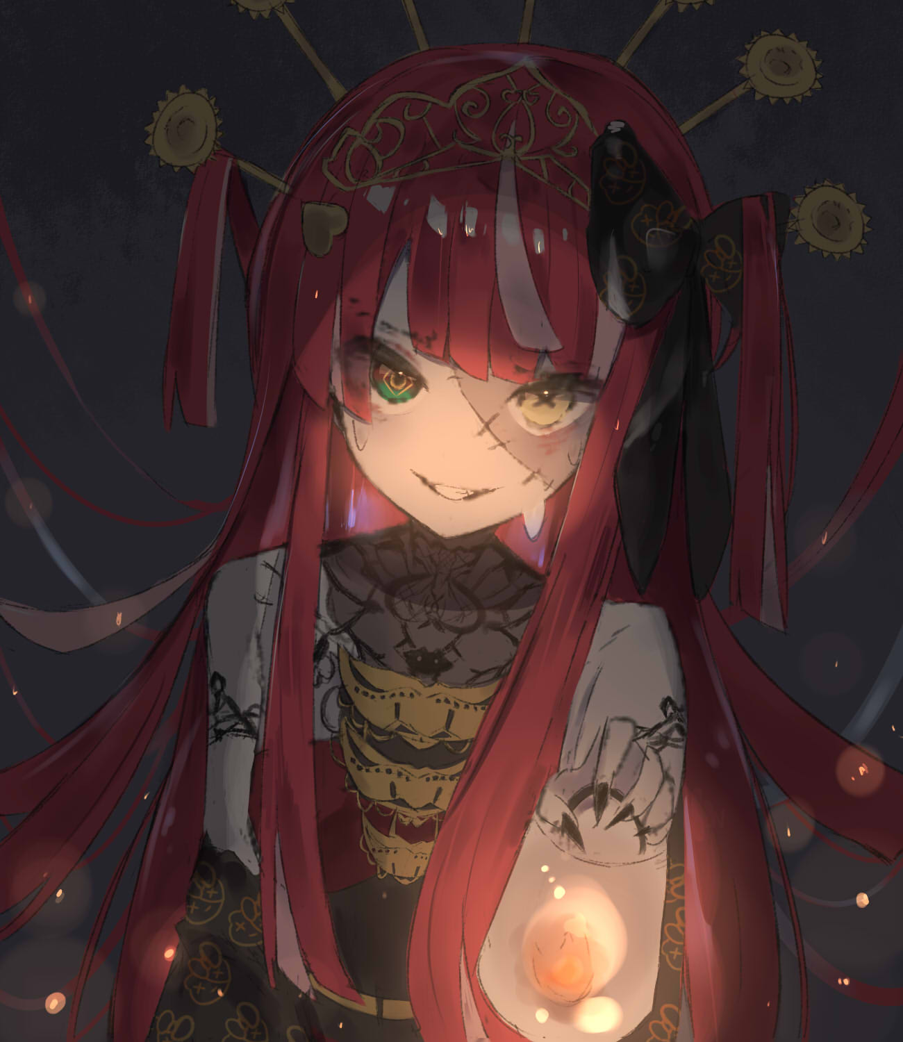 1girl, black_nails, bow, dark, ememo, grin, hair_bow, hair_ornament