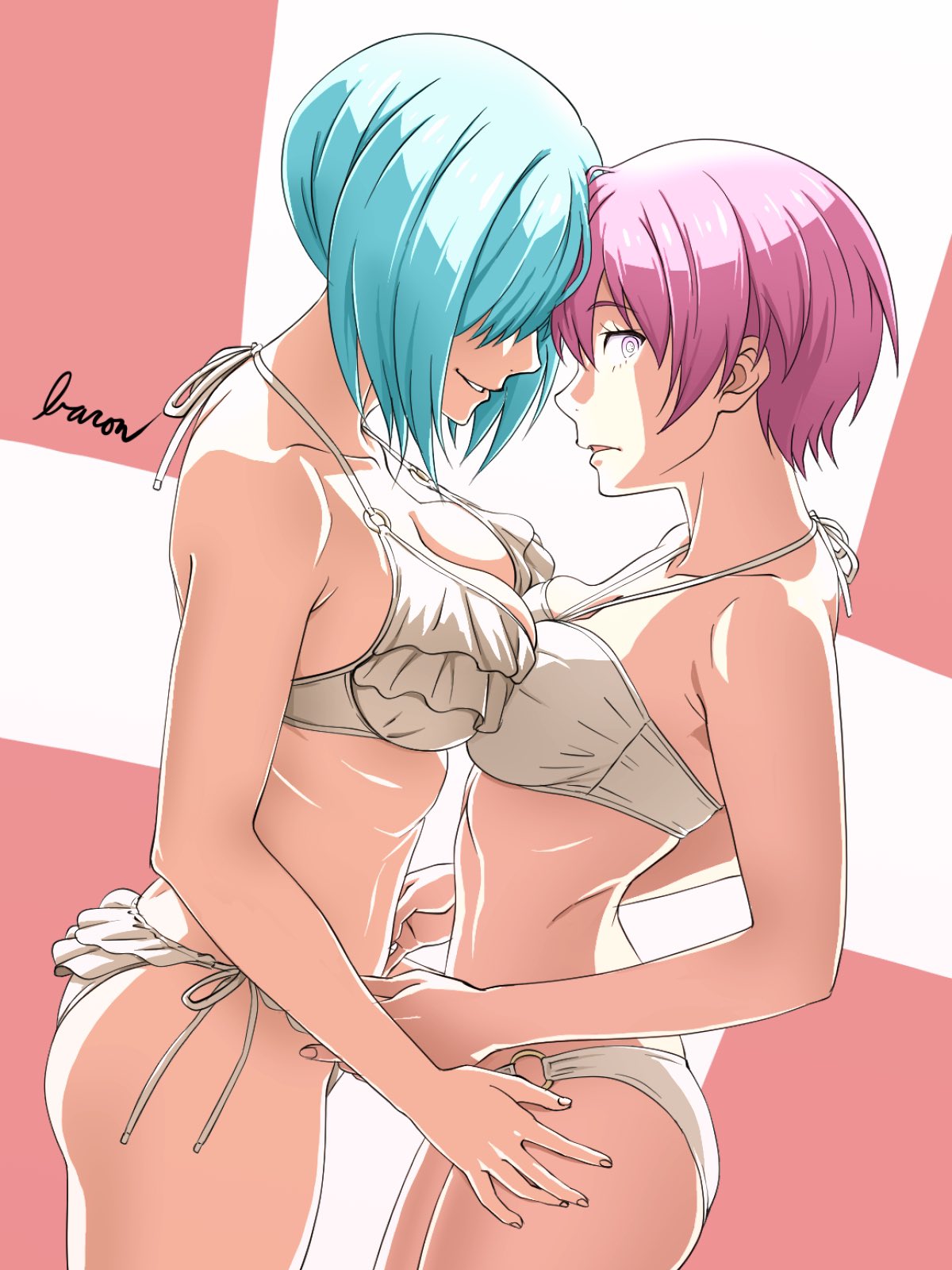 2girls, artist_name, asymmetrical_docking, bangs, baron_(varon666), bikini, blue_hair, bob_cut, breast_press, commentary, dutch_angle, en'en_no_shouboutai, frilled_bikini, frills, from_side, frown, halterneck, hands_on_another's_hips, highres, kasugatani_inca, looking_at_viewer, multiple_girls, o-ring, parted_lips, pink_eyes, pink_hair, ritsu_(en'en_no_shouboutai), short_hair, side-tie_bikini, signature, smile, standing, swimsuit, white_background, yuri