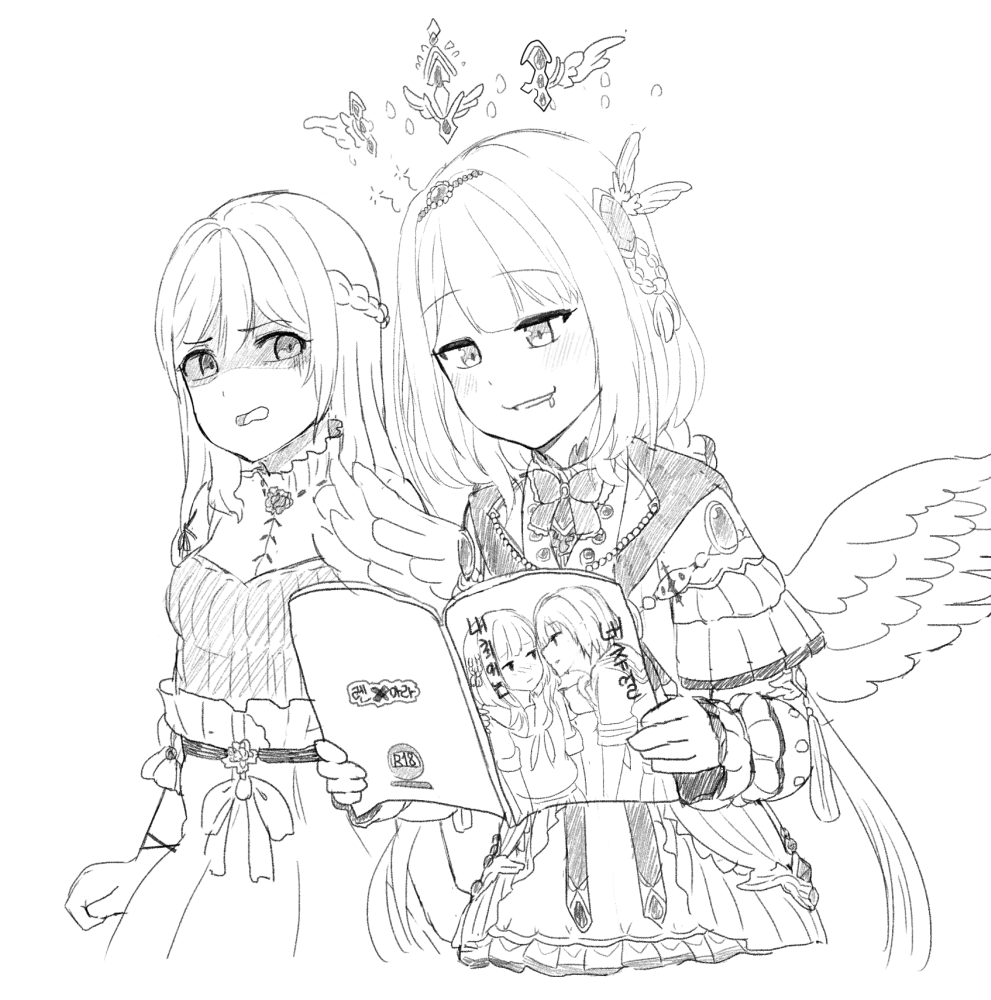 2girls, angel_wings, bangs, book, braid, breasts, chae_ara, crown_braid