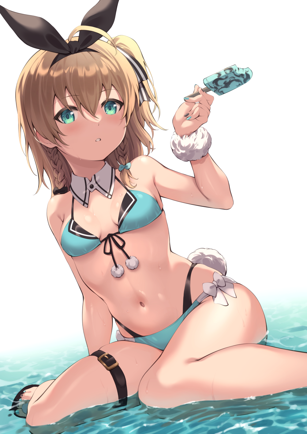 1girl, amerika_juu_pan, aqua_bikini, aqua_bow, aqua_eyes, aqua_nails, bare_arms, bare_legs