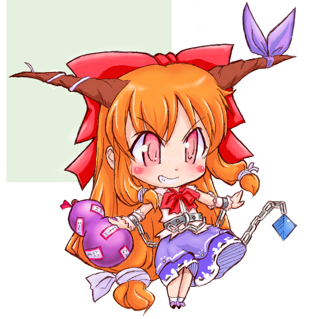 blush_stickers, chain, chains, chibi, gourd, grin, hair_ribbon, horns, ibuki_suika, long_hair, orange_hair, pink_eyes, ribbon, smile, teiou_netsuaimaru, touhou, very_long_hair