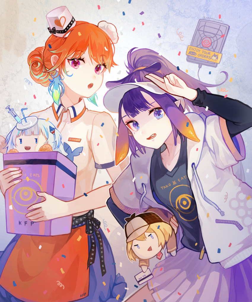 4girls, :o, alternate_hairstyle, bangs, blue_eyes, chef_hat, chibi, employee_uniform