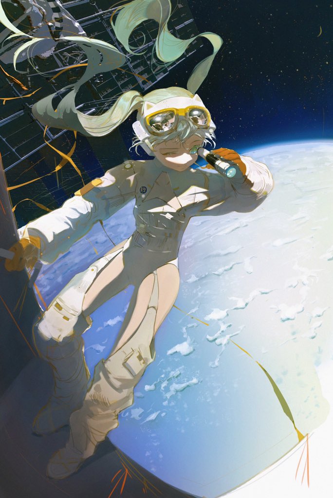 1girl, 39, aqua_eyes, aqua_hair, clouds, commentary, crescent_moon, earth_(planet), floating_hair, full_body, gloves, goggles, goggles_on_head, hatsune_miku, holding_telescope, long_hair, moon, mr._owlish, one_eye_closed, orange_gloves, planet, solo, space, space_craft, spacesuit, standing, star_(sky), telescope, twintails, vocaloid