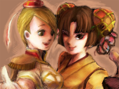 battle_fantasia, blonde_hair, brown_hair, cat_tail, cat_woman_waitress, coyori, kimono, olivia_von_roselia