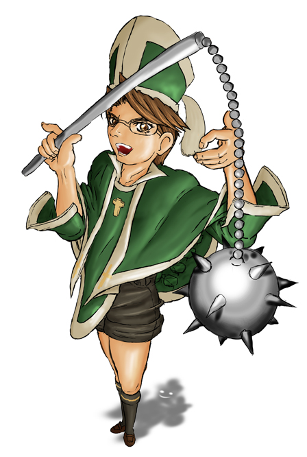 acolyte, battle_fantasia, brown_hair, cedric_ward, flail, glasses