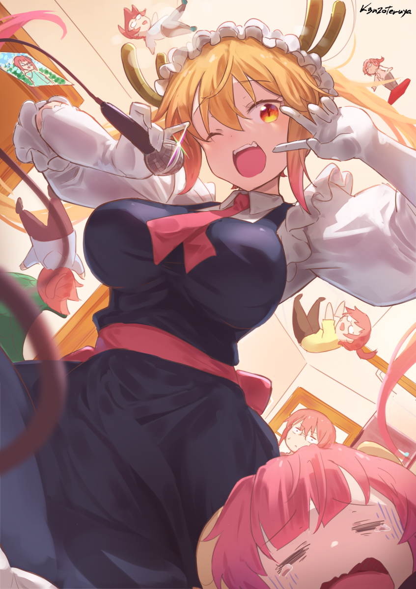 3girls, ;d, bangs, blurry, character_doll, commentary_request, depth_of_field, dragon_girl, dragon_horns, drill_hair, elbow_gloves, eyebrows_visible_through_hair, glasses, gloves, gradient_hair, highres, holding, holding_microphone, horns, ilulu_(maidragon), k3nzoteruta, kobayashi-san_chi_no_maidragon, kobayashi_(maidragon), long_hair, microphone, multicolored_hair, multiple_girls, music, one_eye_closed, open_mouth, orange_eyes, orange_hair, ponytail, redhead, short_sleeves, sidelocks, singing, slit_pupils, smile, tohru_(maidragon), twin_drills, twintails, white_gloves