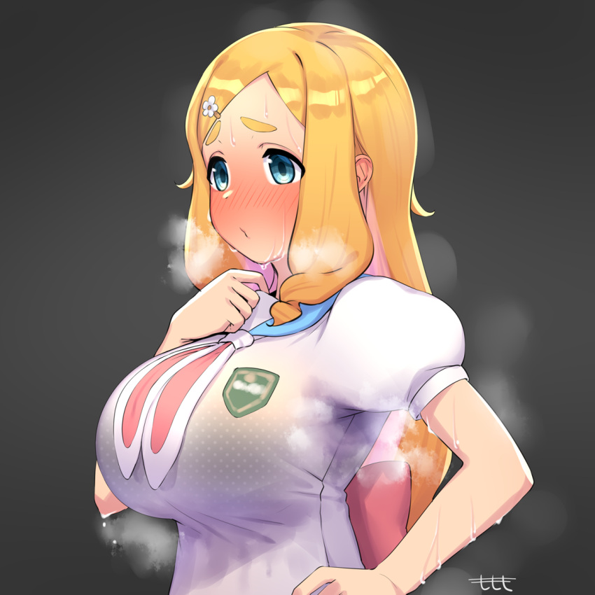 armpits, black_background, blonde_hair, blue_eyes, blush, bra_through_clothes, bralines, breasts