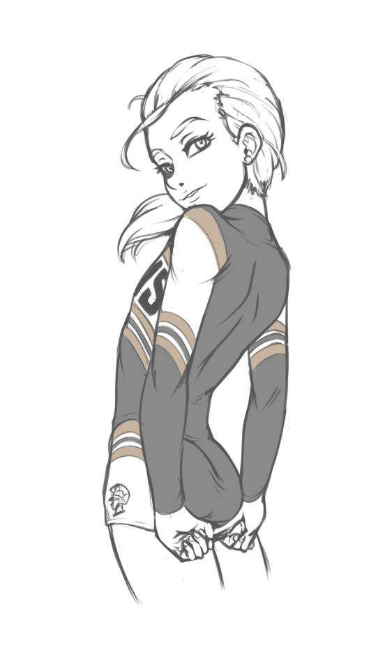 1girl, arms_behind_back, cheerleader, earrings, jewelry, kyder, original, ponytail, sketch, solo_focus, white_background, whitney_kawinski
