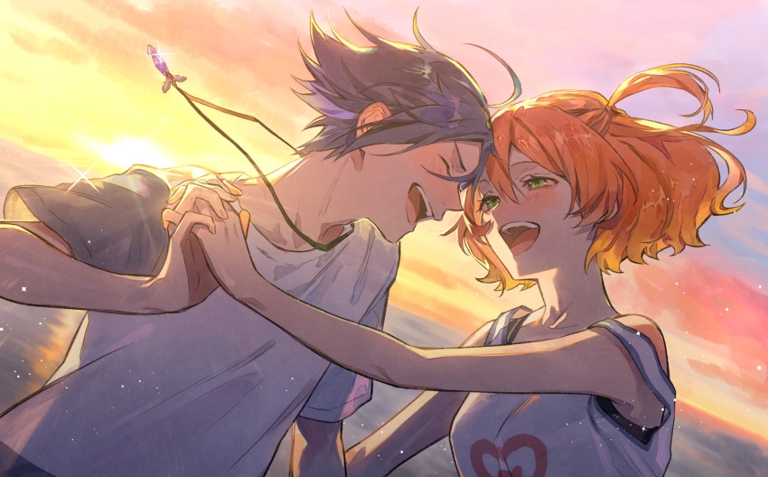 1boy, 1girl, ^_^, blue_hair, breasts, closed_eyes, couple, freyja_wion
