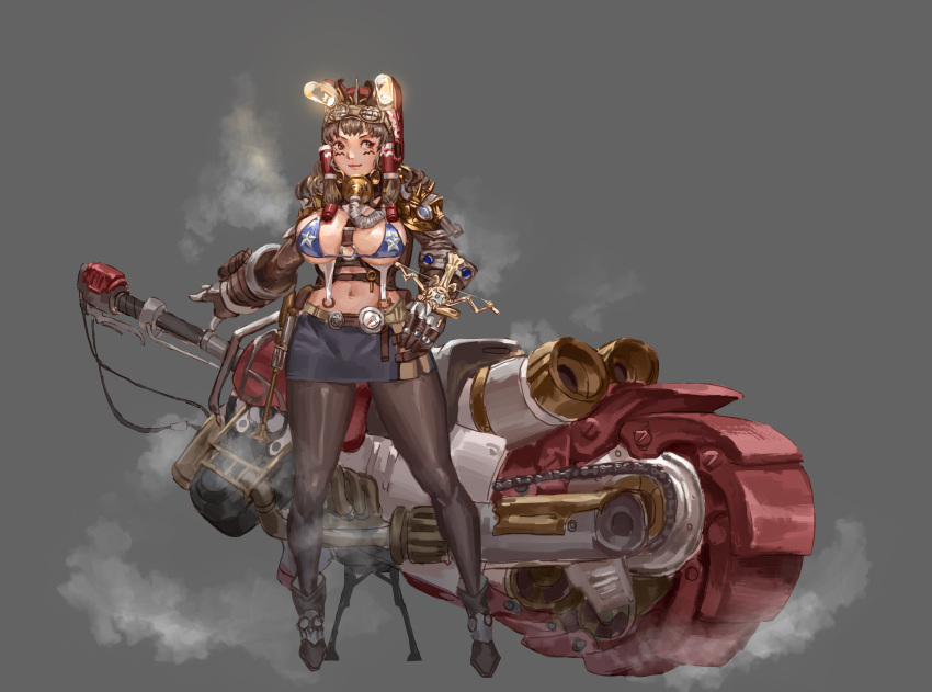 1girl, absurdres, alternate_costume, bangs, bikini, bikini_top, black_footwear, black_legwear, blue_bikini, blue_skirt, blush, breasts, brown_eyes, brown_hair, chain, chainsaw, closed_mouth, commentary_request, cookie_(touhou), d_tomoki, full_body, gauntlets, grey_background, hakurei_reimu, highres, kanna_(cookie), large_breasts, lights, long_hair, looking_to_the_side, navel, oversized_object, pantyhose, pencil_skirt, skirt, smile, solo, standing, star_(symbol), swimsuit, touhou
