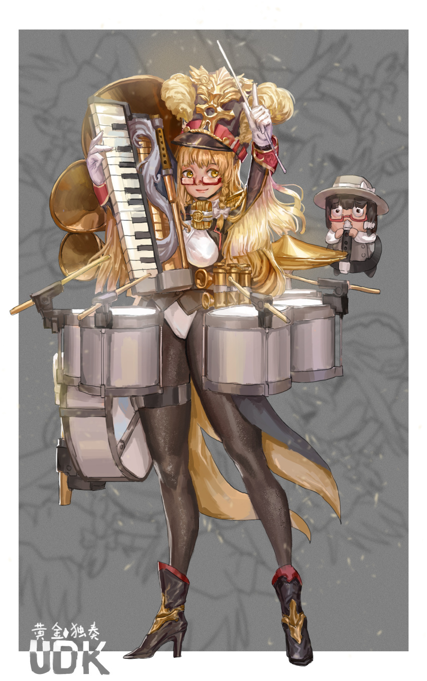 2girls, absurdres, backlighting, bangs, baton_(instrument), black_footwear, black_hair, black_headwear, black_legwear, black_skirt, blonde_hair, border, bow, braid, breasts, closed_mouth, commentary_request, cookie_(touhou), d_tomoki, drum, drum_set, dual_persona, flute, full_body, gloves, grey_background, grey_headwear, grey_vest, hair_bow, hat, hat_bow, high_heels, highres, horn_(instrument), instrument, keyboard_(instrument), kirisame_marisa, leotard, long_hair, looking_at_viewer, medium_breasts, medium_hair, multiple_girls, music, playing_instrument, red-framed_eyewear, semi-rimless_eyewear, shako_cap, shirt, side_braid, single_braid, skirt, smile, touhou, under-rim_eyewear, uzuki_(cookie), vest, white_border, white_bow, white_gloves, white_leotard, white_shirt, yellow_eyes