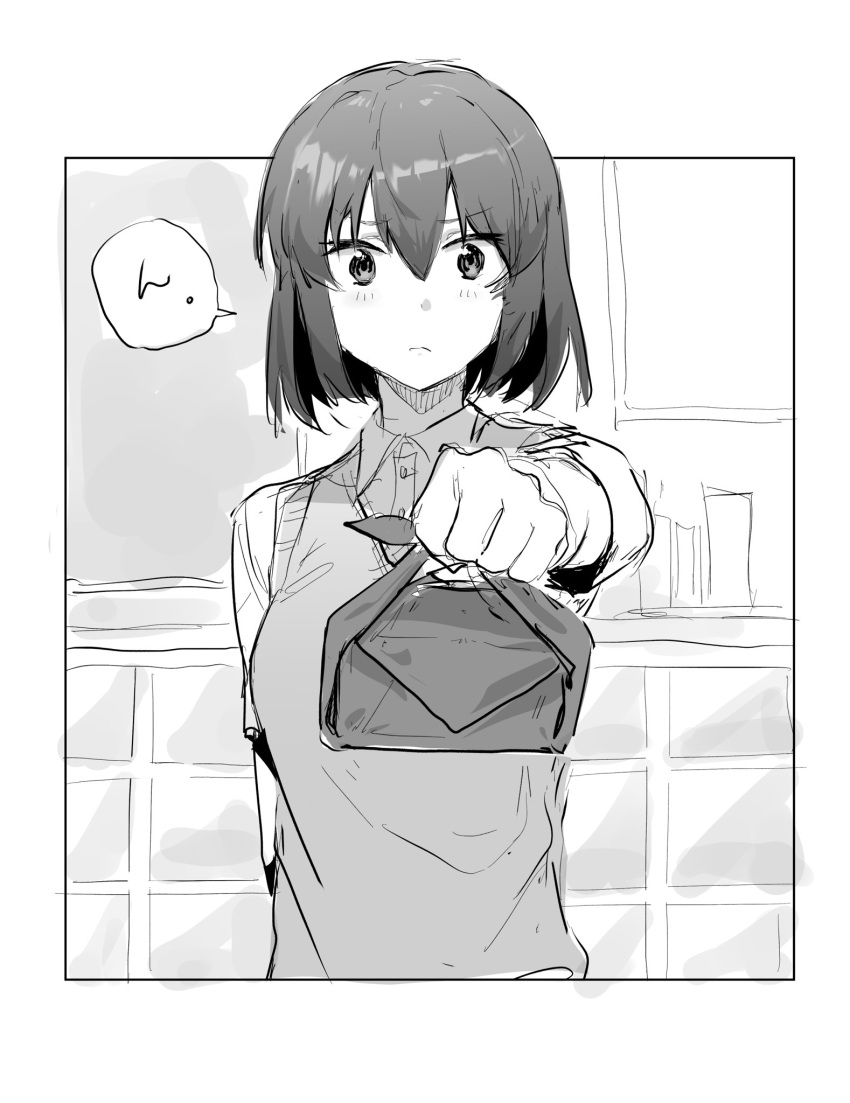 1girl, bangs, bento, blush, bob_cut, book, breasts, classroom