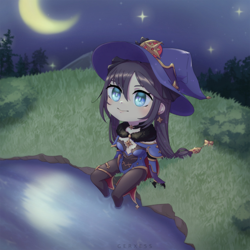 1girl, bangs, black_gloves, black_hair, black_legwear, blue_eyes, blurry, cape