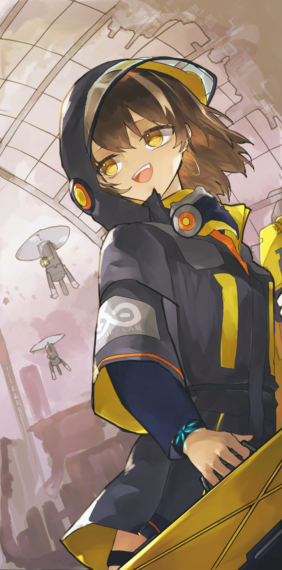 1girl, arknights, bangs, beak_mask, black_coat, brown_hair, coat, drone, earrings, highres, holding, hood, hood_up, hooded_coat, hoop_earrings, infection_monitor_(arknights), jewelry, kensei_(v2), layered_sleeves, long_sleeves, looking_to_the_side, magallan_(arknights), mask, mask_around_neck, multicolored_hair, open_mouth, rhine_lab_logo, short_over_long_sleeves, short_sleeves, smile, solo, streaked_hair, symbol-only_commentary, upper_teeth, white_hair, yellow_eyes