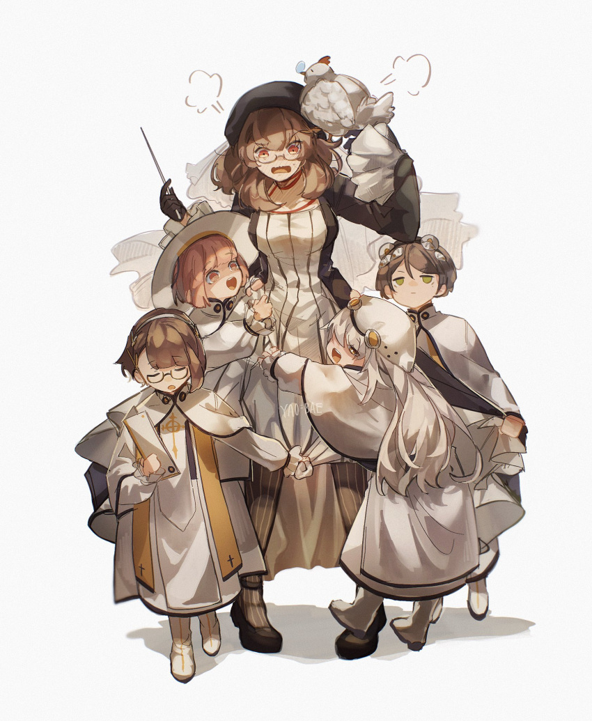 2boys, 3girls, =3, @_@, alchemy_stars, artist_name, bangs, baton_(instrument)