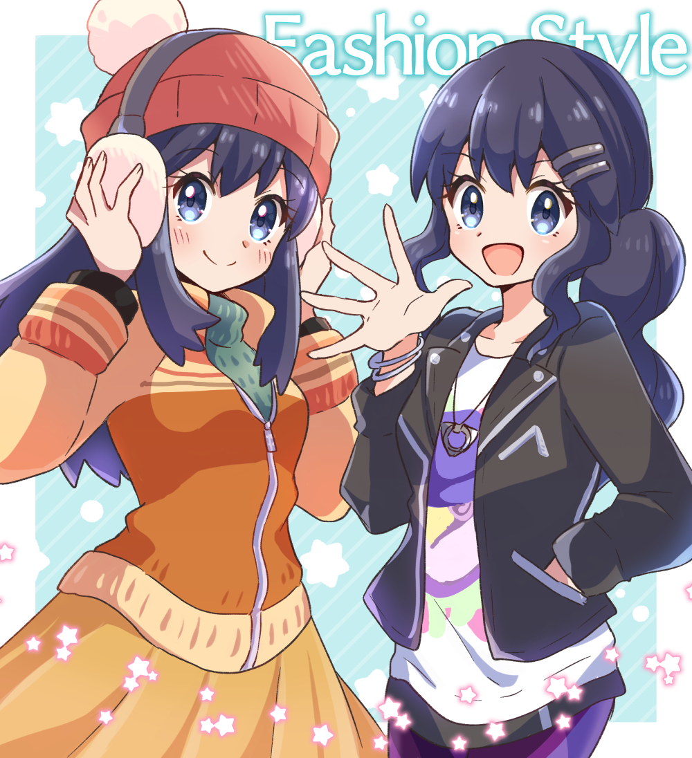 2girls, :d, aqua_background, bangs, beanie, black_jacket, blue_eyes, blue_hair