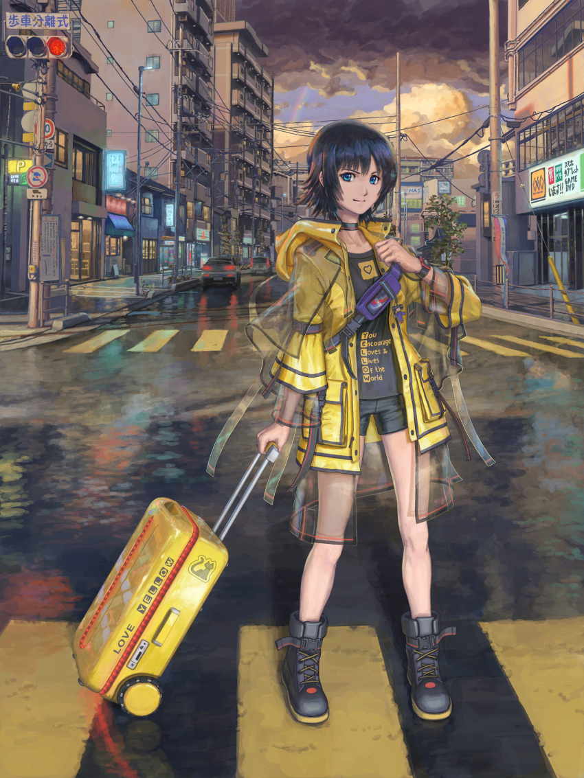 1girl, adjusting_strap, bag, bangs, black_choker, black_footwear, black_hair, black_shirt